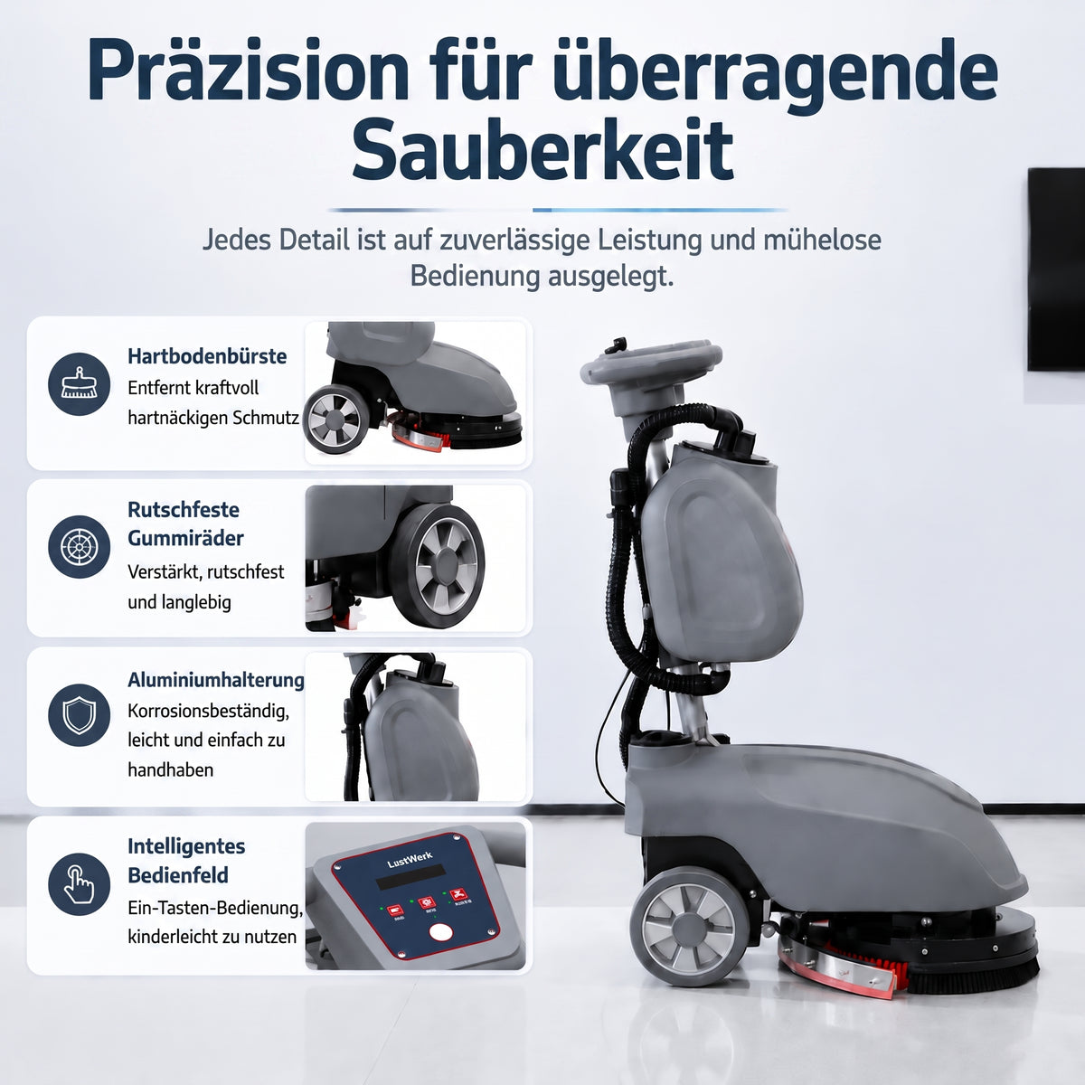 LastWerk HydroMax X1 Scrubber Dryer, 3-in-1 Scrubbing, Cleaning and Vacuuming, 10 L Clean Water and 15 L Recovery Tanks, 24 V/32 Ah Battery, 300 W Brush Motor, 400 W Vacuum Motor, up to 1,350 m²/h, Grey