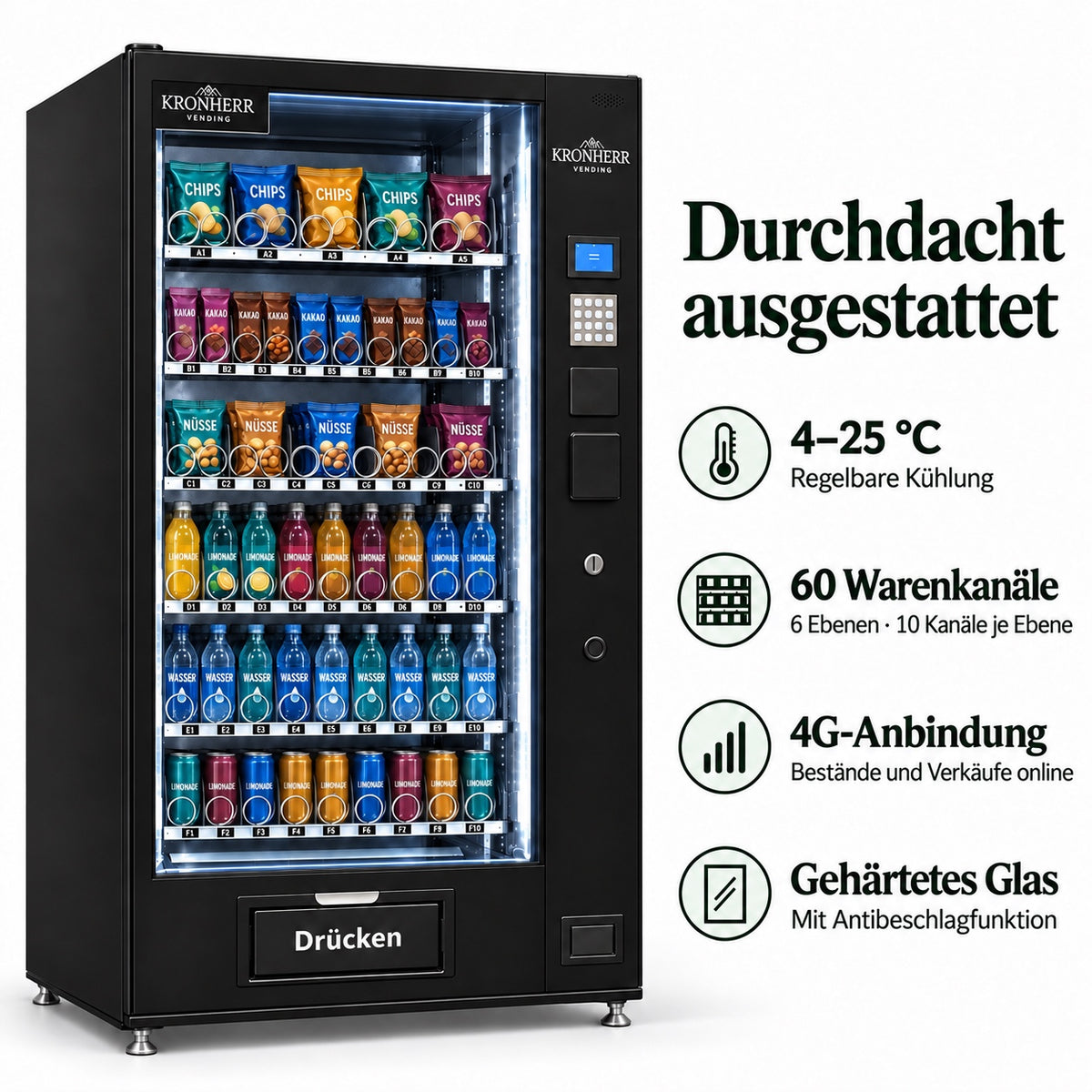 KRONHERR VENDING AF-60 Verkaufsautomat mit Kühlung, 60 Warenkanälen, 5-Zoll-Touchscreen und 4G