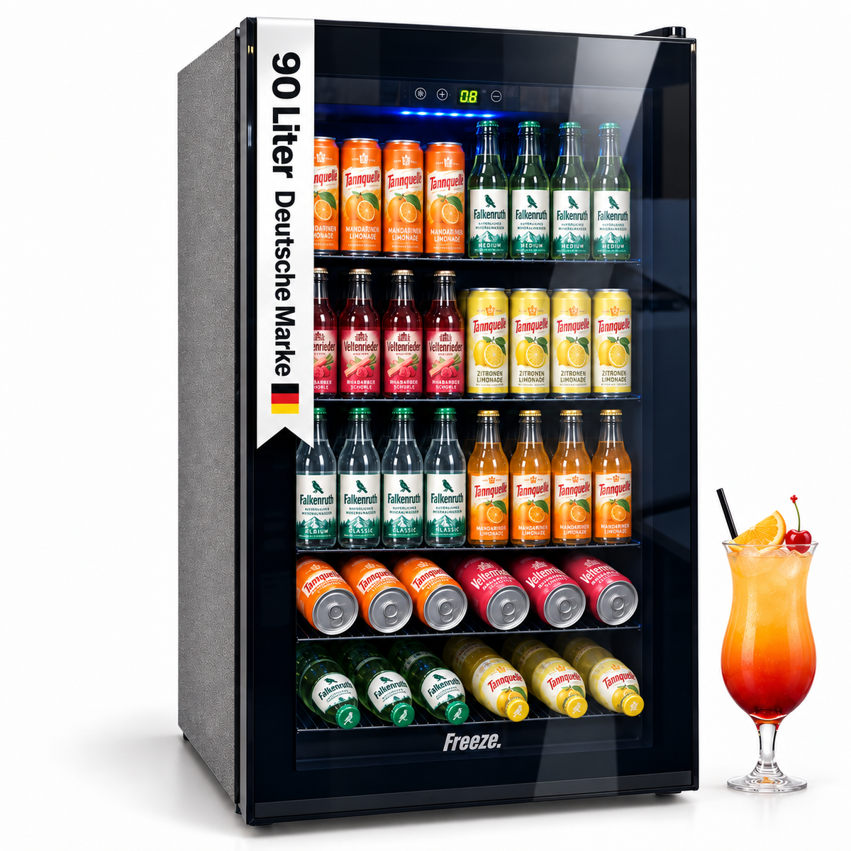 Freeze. NinetyB+ 90 L Drinks Fridge with Full-Glass Door, Mini Fridge for 126 Cans with Adjustable Shelves, Wine Cooler for Home, Bar and Office, Black