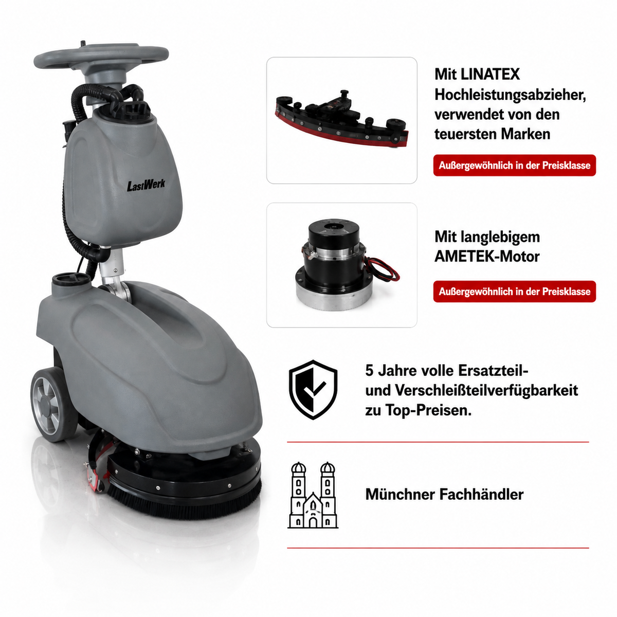 LastWerk HydroMax X1 Scrubber Dryer, 3-in-1 Scrubbing, Cleaning and Vacuuming, 10 L Clean Water and 15 L Recovery Tanks, 24 V/32 Ah Battery, 300 W Brush Motor, 400 W Vacuum Motor, up to 1,350 m²/h, Grey
