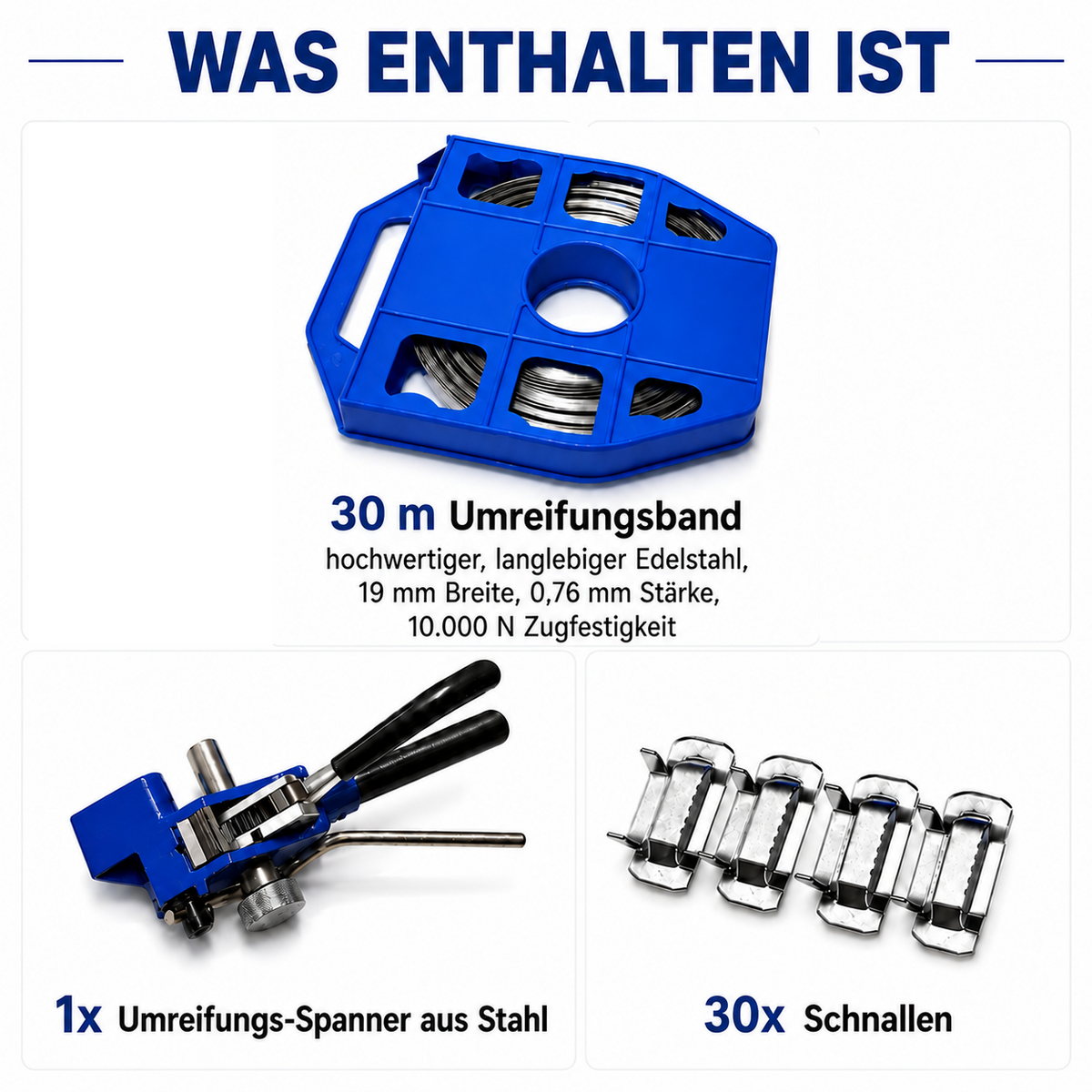 LastWerk Steel Strapping Set with Tensioning Tool, 30 m Strap 19 × 0.76 mm, 30 Buckles, Steel Tensioner with Cutting Handle for HVAC Pipes, Cables, Signs and Pallets