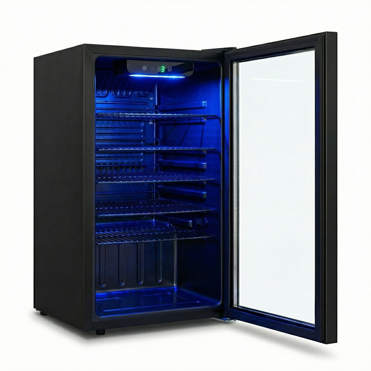Freeze. NinetyB+ 90L Getränkekühlschrank mit Vollglas-Tür, Mini Kühlschrank für 126 Dosen mit verstellbaren Regalen, Weinkühler für Zuhause, Bar & Büro, Schwarz