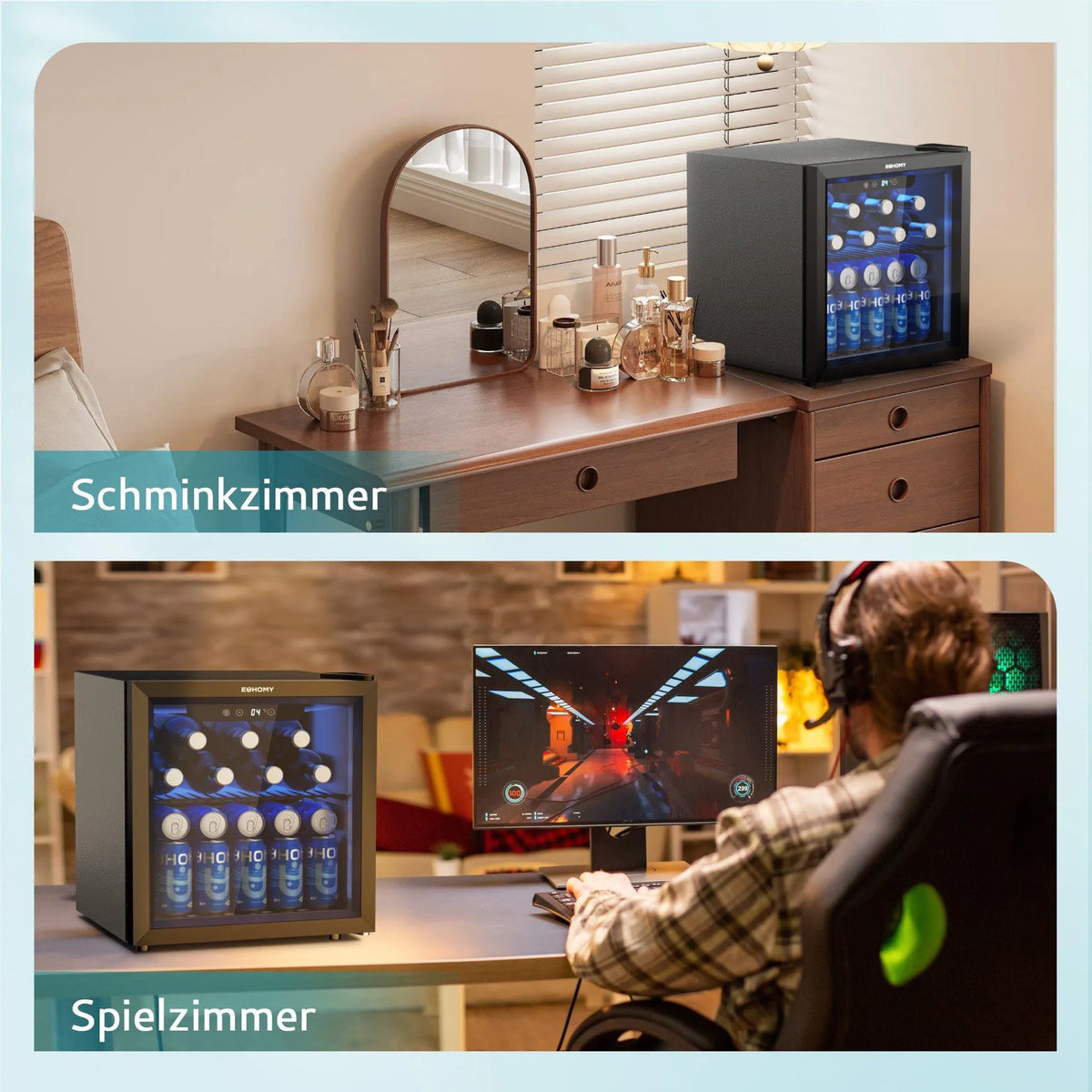 GOOD EUHOMY Getränkekühlschrank 36L, Mini Kühlschrank mit Glastür, Bierkühler, Tisch-Getränkekühlschrank für 55 Dosen, Schwarz Freistehender Kühlschrank