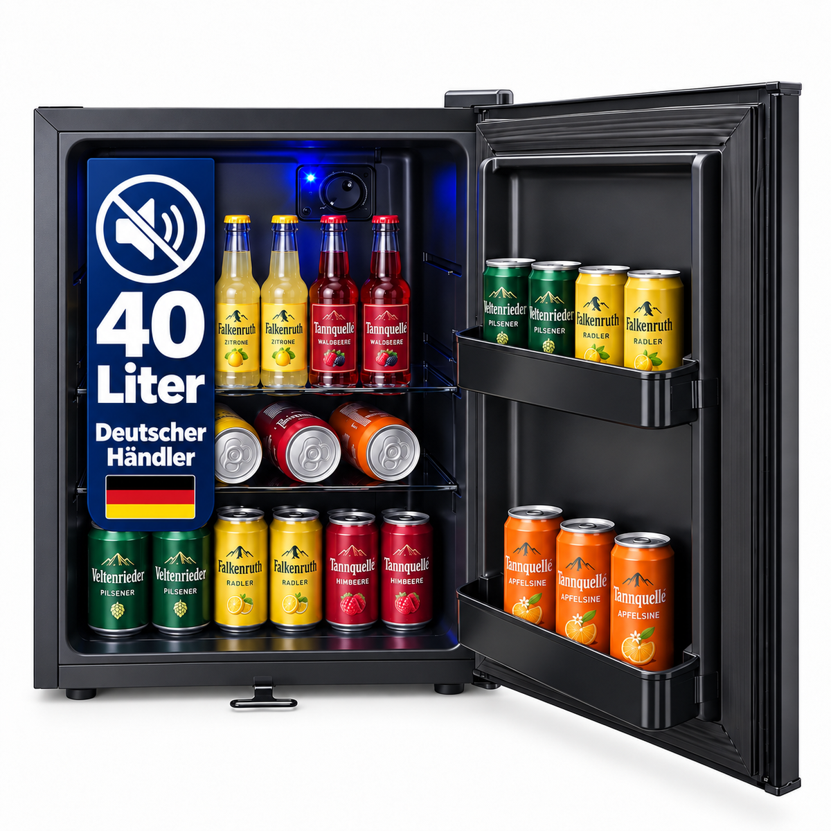 Freeze. FortySB mini fridge 40 l, completely silent, lockable minibar with solid door, blue interior lighting, EasySwitch thermostat, 2 glass shelves and 2 door compartments, Black