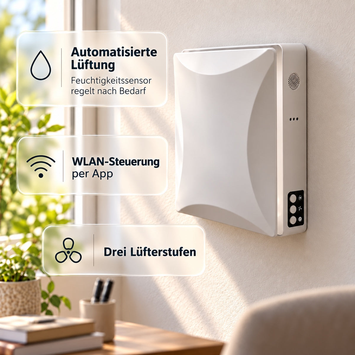LastWerk AirReactor Ultra H dezentrale Lüftungsanlage mit Wärmerückgewinnung – Feuchtigkeitssensor, WLAN-App, F7 + G1-Doppelfilterpatrone, KeramikPlus, bis 50 m³/h, Energieklasse A+