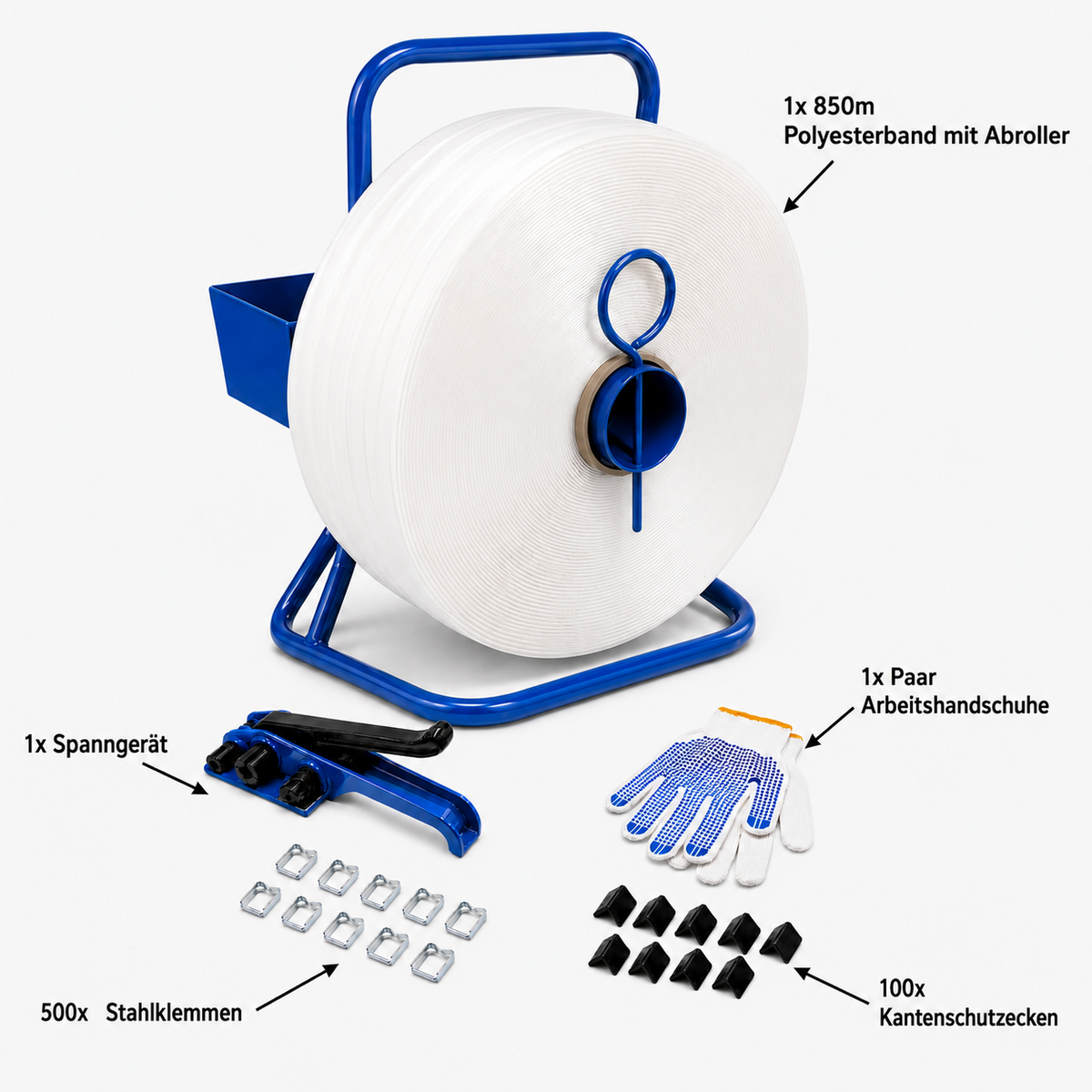 Set de flejado textil LastWerk de 16 mm completo con desenrollador, tensor de fleje, 850 m de fleje de poliéster, 500 grapas, 100 cantoneras protectoras y guantes, para palés, envíos y almacén