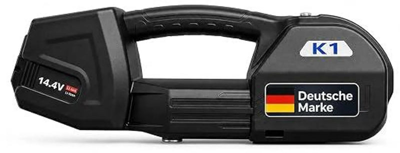 LastWerk K1 Akku-Umreifungsmaschine für PP/PET-Bänder 13 bis 16 mm, elektrisches Vollautomatisches Umreifungsgerät mit 400 bis 3200N Spannkraft, 14,4V 4,0Ah Akku, für Kartons, Paletten & Verpackung
