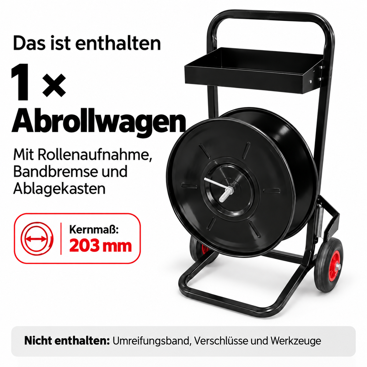 LastWerk Abrollwagen für Umreifungsband, 203 mm Kern, Bandabroller mit Bandbremse, Ablagekasten und Rädern für Lager, Versand und Werkstatt