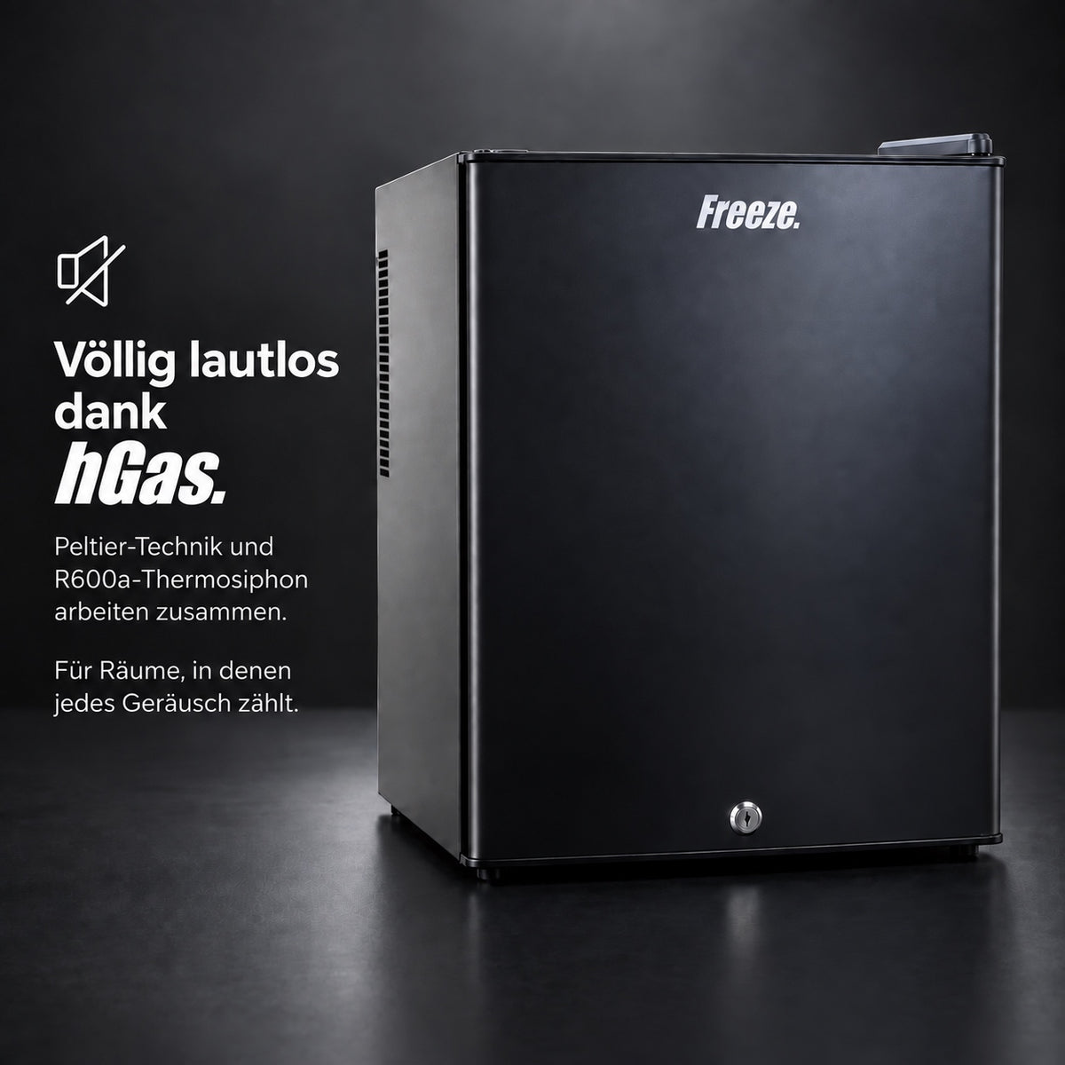 Freeze. FortySB mini fridge 40 l, completely silent, lockable minibar with solid door, blue interior lighting, EasySwitch thermostat, 2 glass shelves and 2 door compartments, Black