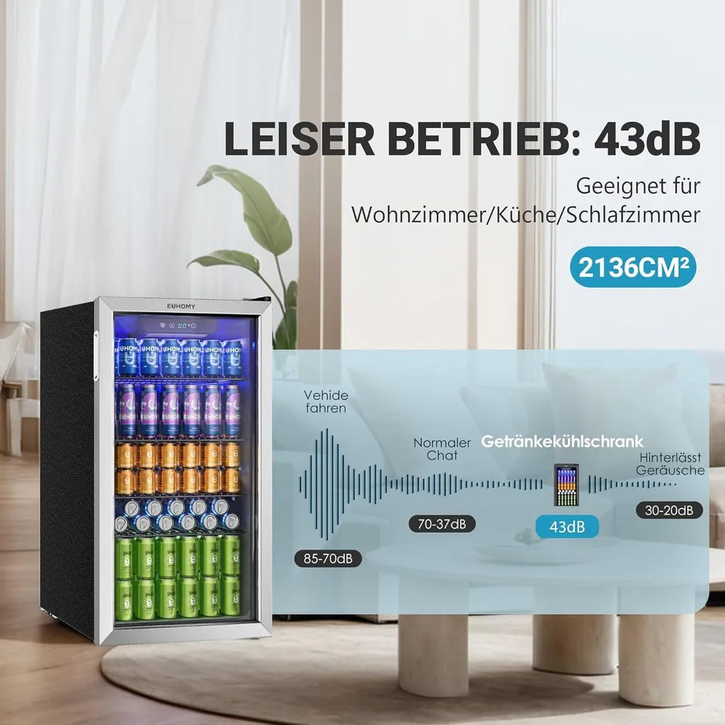 EUHOMY frigorífico para bebidas de 90 L, mini frigorífico para 126 latas con puerta de cristal, frigorífico pequeño con estantes ajustables para refrescos, cerveza o vino