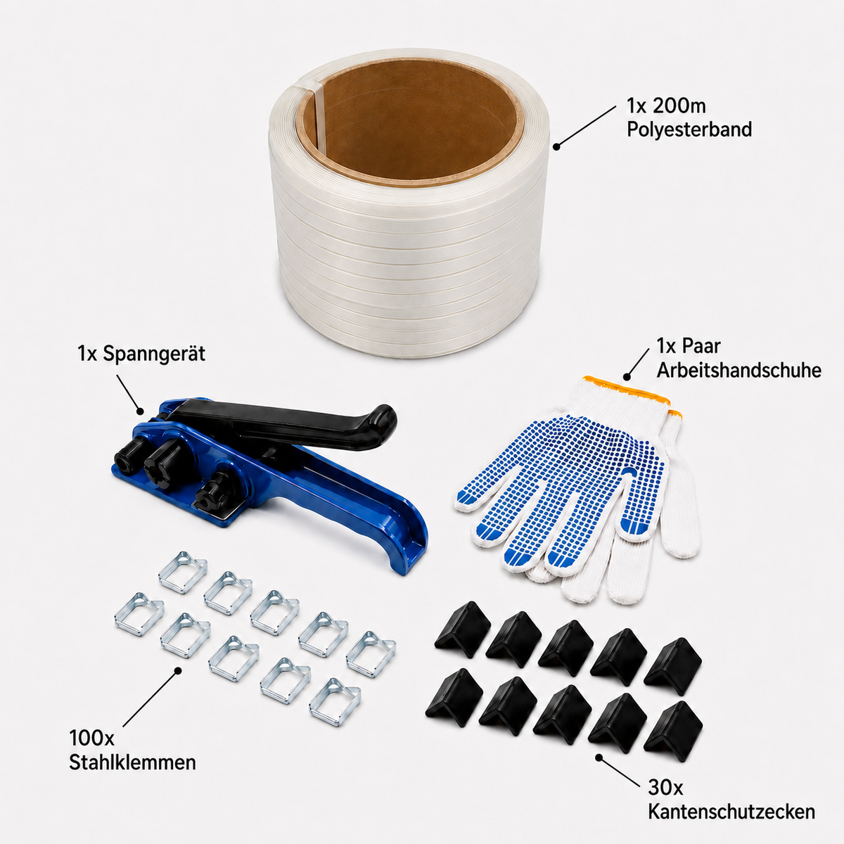 LastWerk Textile Strapping Set, 200 m Polyester Strap, 16 mm Wide, Steel Tensioning Tool, 100 Wire Buckles, 30 Edge Protectors and Gloves