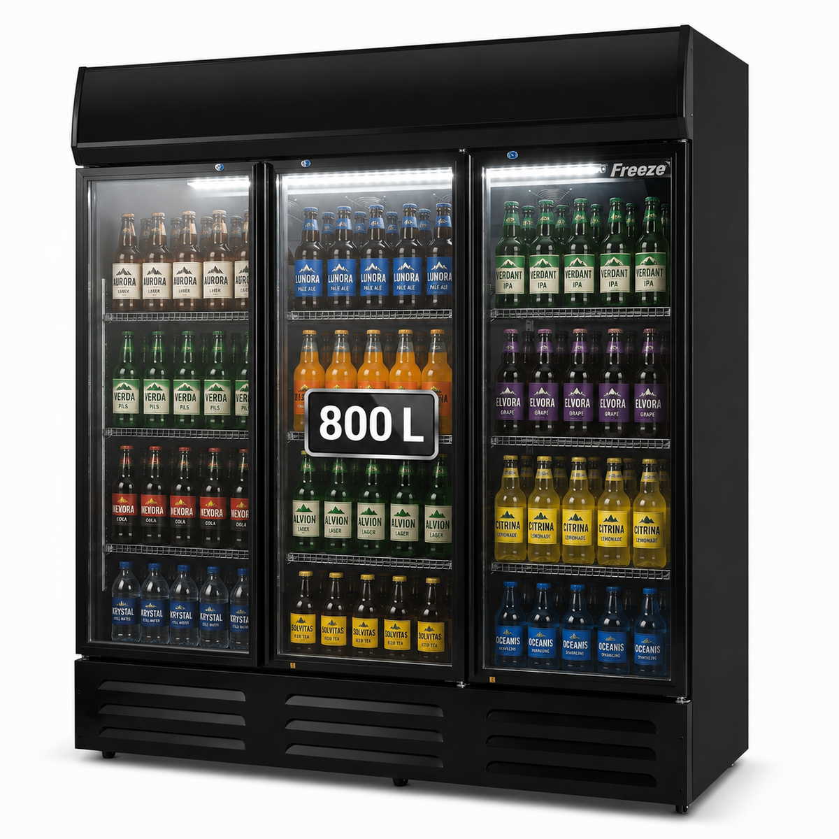 Freeze. NineThirty M B-Stock Drinks Fridge with Glass Doors, 800 L Capacity, Energy Class C, Lockable, with Castors