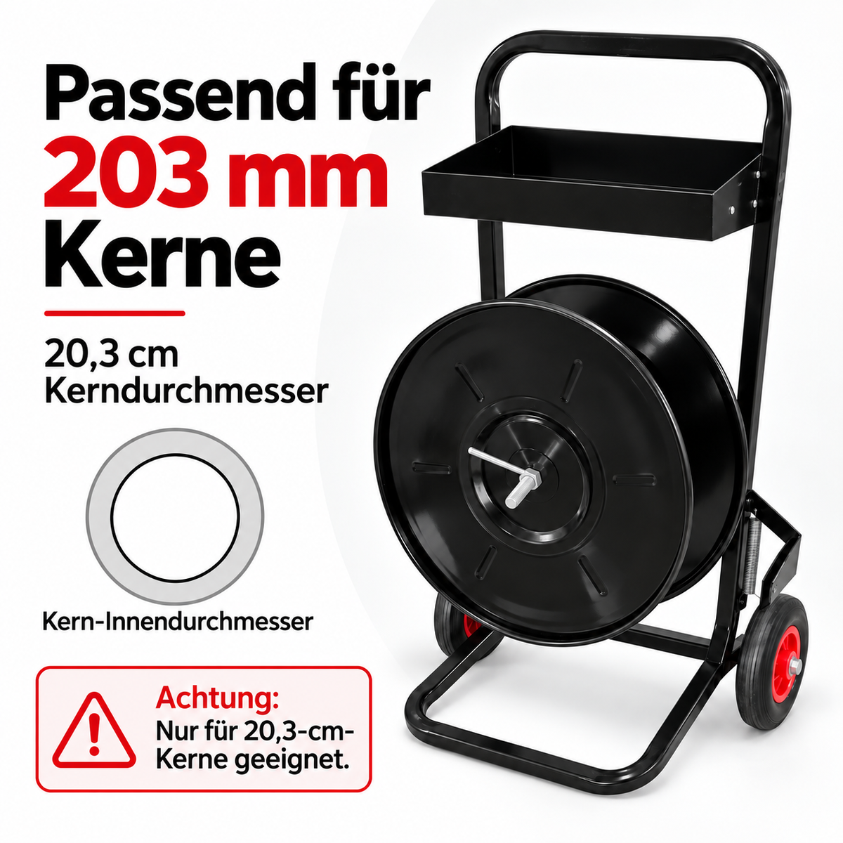 LastWerk Abrollwagen für Umreifungsband, 203 mm Kern, Bandabroller mit Bandbremse, Ablagekasten und Rädern für Lager, Versand und Werkstatt