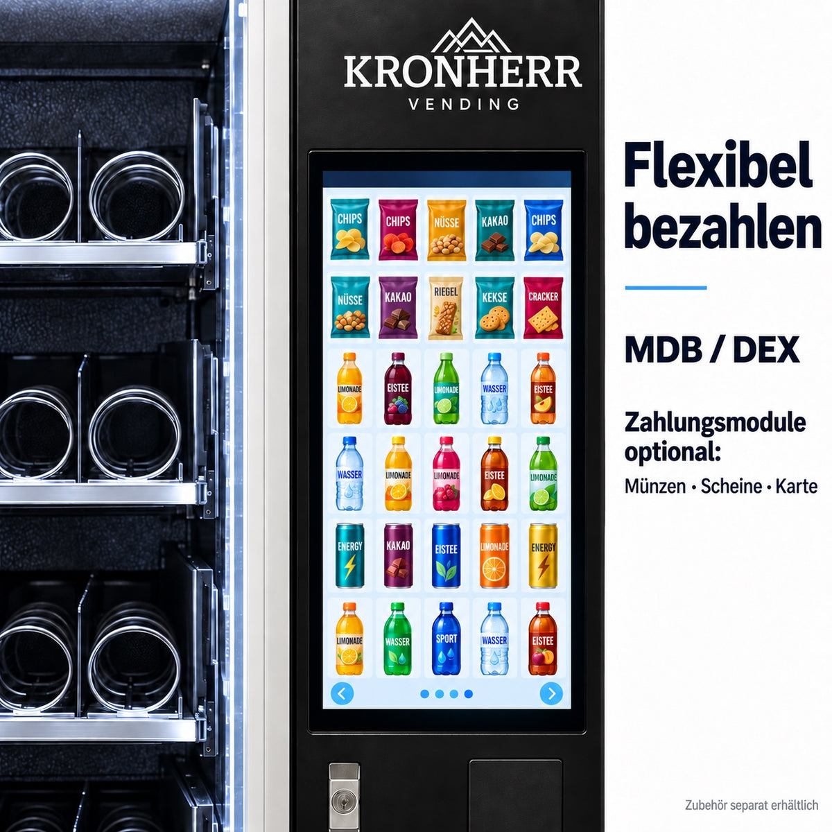 KRONHERR VENDING AF-CSC-60C(V22)-GS Verkaufsautomat mit Kühlung, 60 Warenkanälen, 21,5-Zoll-Touchscreen, 4G und WLAN