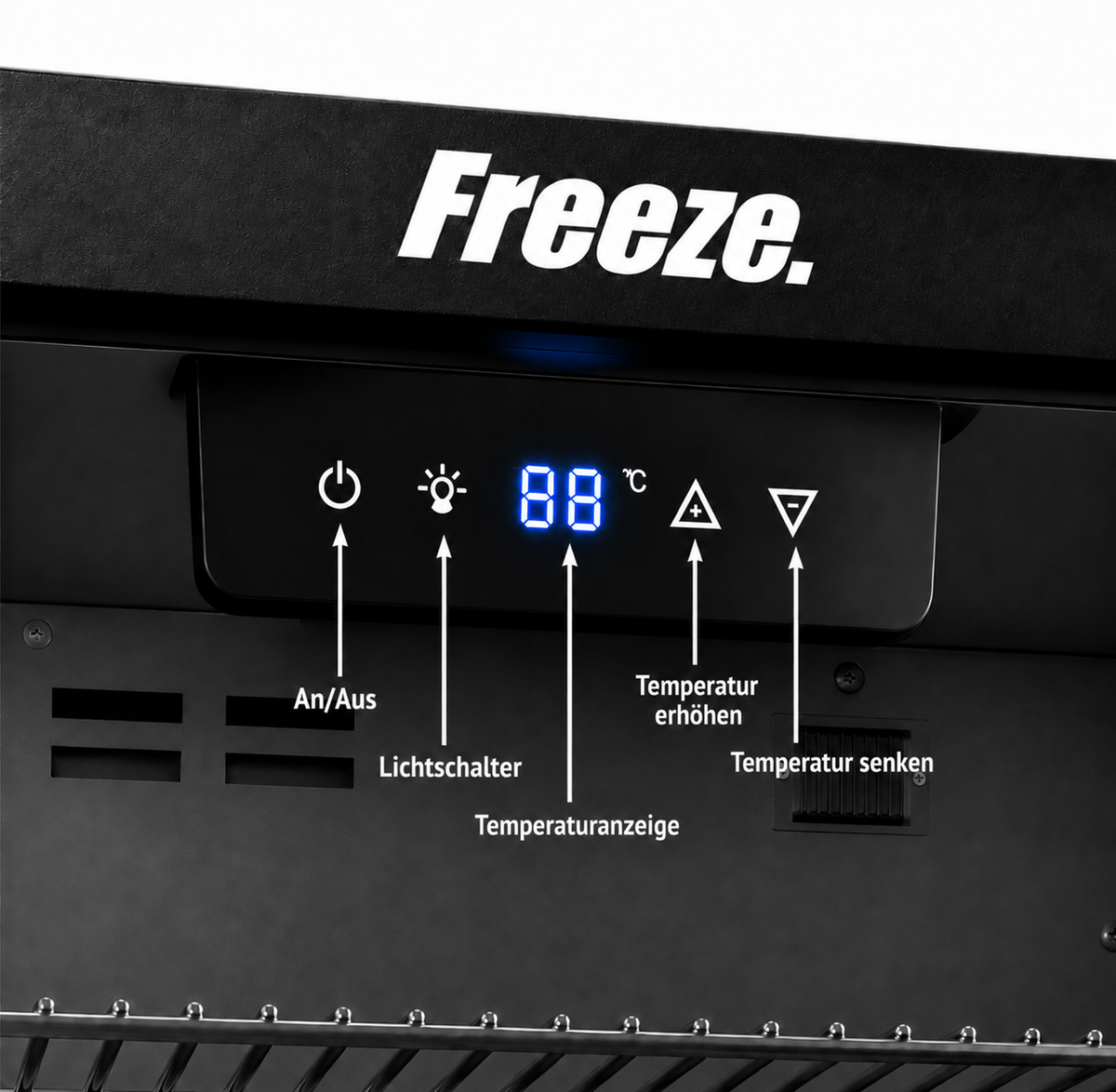EXCELLENT Freeze ninety B+ Getränkekühlschrank 86 L, schwarzer Mini Kühlschrank mit Glastür, Energieklasse B, 4–18 °C Digitalsteuerung, 126 Dosen, 4 herausnehmbare Regale, 42 dB, UV-Doppelglas