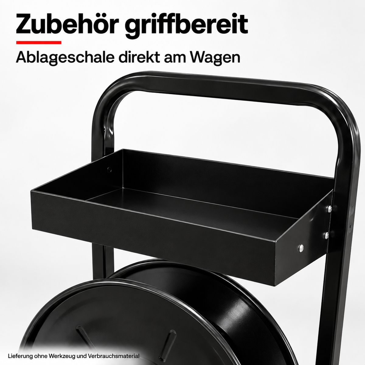 LastWerk Abrollwagen für Umreifungsband, 203 mm Kern, Bandabroller mit Bandbremse, Ablagekasten und Rädern für Lager, Versand und Werkstatt