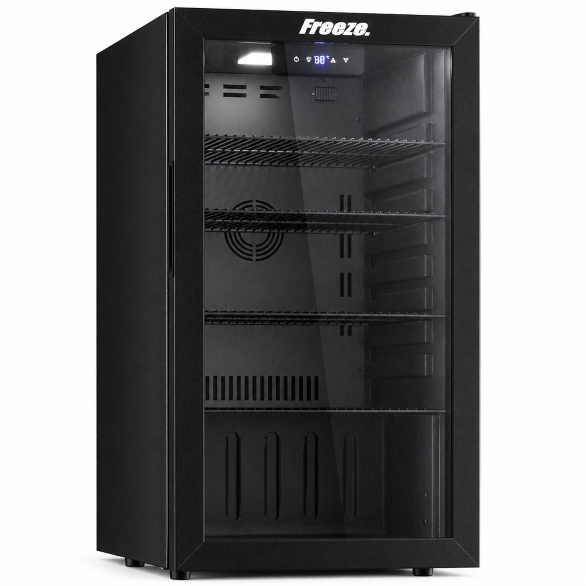 EXCELLENT Freeze ninety B+ Getränkekühlschrank 86 L, schwarzer Mini Kühlschrank mit Glastür, Energieklasse B, 4–18 °C Digitalsteuerung, 126 Dosen, 4 herausnehmbare Regale, 42 dB, UV-Doppelglas