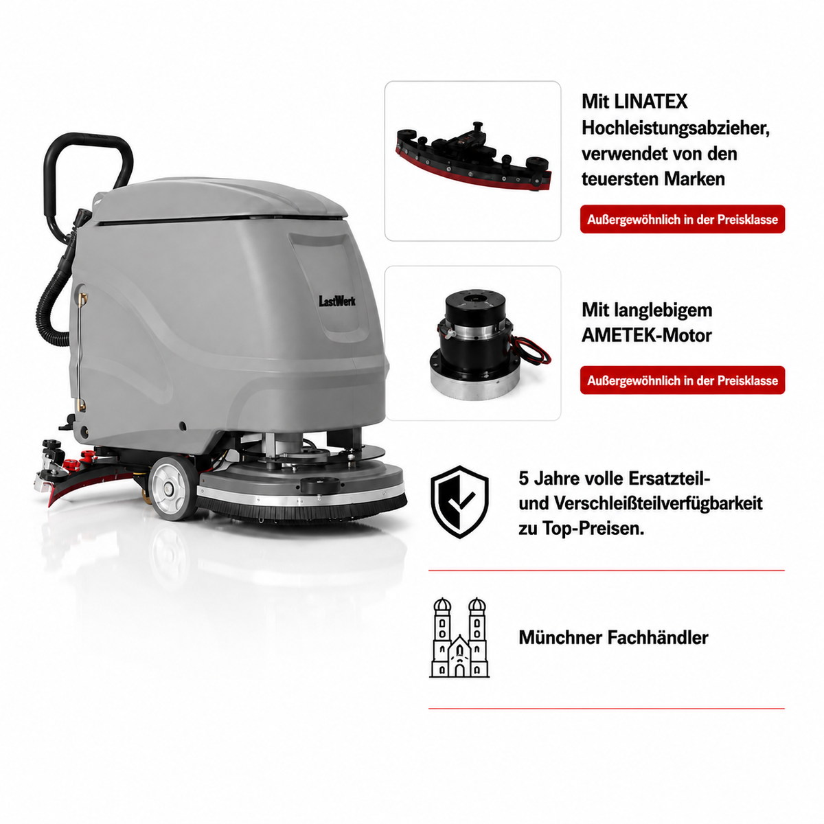 LastWerk HydroMax X2C Corded Scrubber Dryer, 3-in-1 Scrubbing, Cleaning and Vacuuming, 55 L Clean Water and 60 L Recovery Tanks, 8 m Cable, 550 W Brush and Vacuum Motors, up to 3,000 m²/h, Grey
